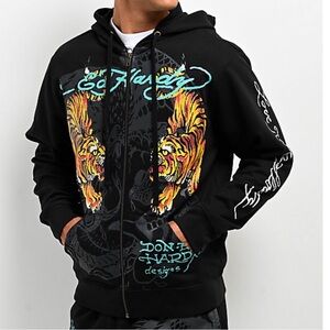 Ed Hardy Black Crawling Tigers  Hoodie Graphic on front, back, sleeve hood